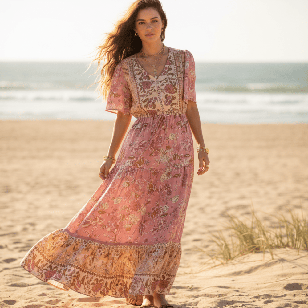 Boho Beach Hut Dress, Maxi Dress Bohemian Floral Print Long Dress Pink / S