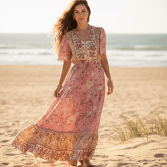 Boho Beach Hut Dress, Maxi Dress Bohemian Floral Print Long Dress Pink / S