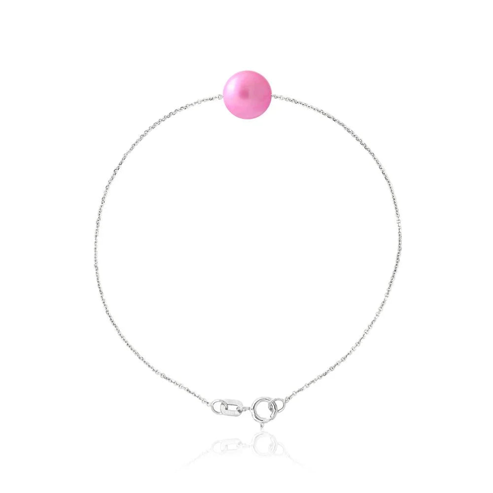 un bracelet boule rose avec une chaîne en argent