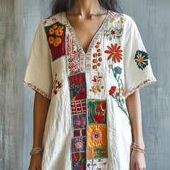 Vintage Boho Floral Embroidered V Neck Linen Shirt artswardrobe