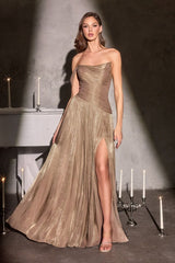 One Shoulder Pleated Chiffon A Line Gown with High Slit (CD409)