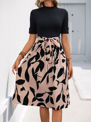 Tied Printed Mock Neck Short Sleeve Dress
