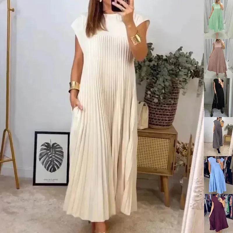 Women Summer Pleated Maxi Dress Casual Short Sleeve Crewneck Flowy Swing Long Dress with Pockets - EX-STOCK CANADA