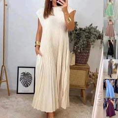 Women Summer Pleated Maxi Dress Casual Short Sleeve Crewneck Flowy Swing Long Dress with Pockets - EX-STOCK CANADA