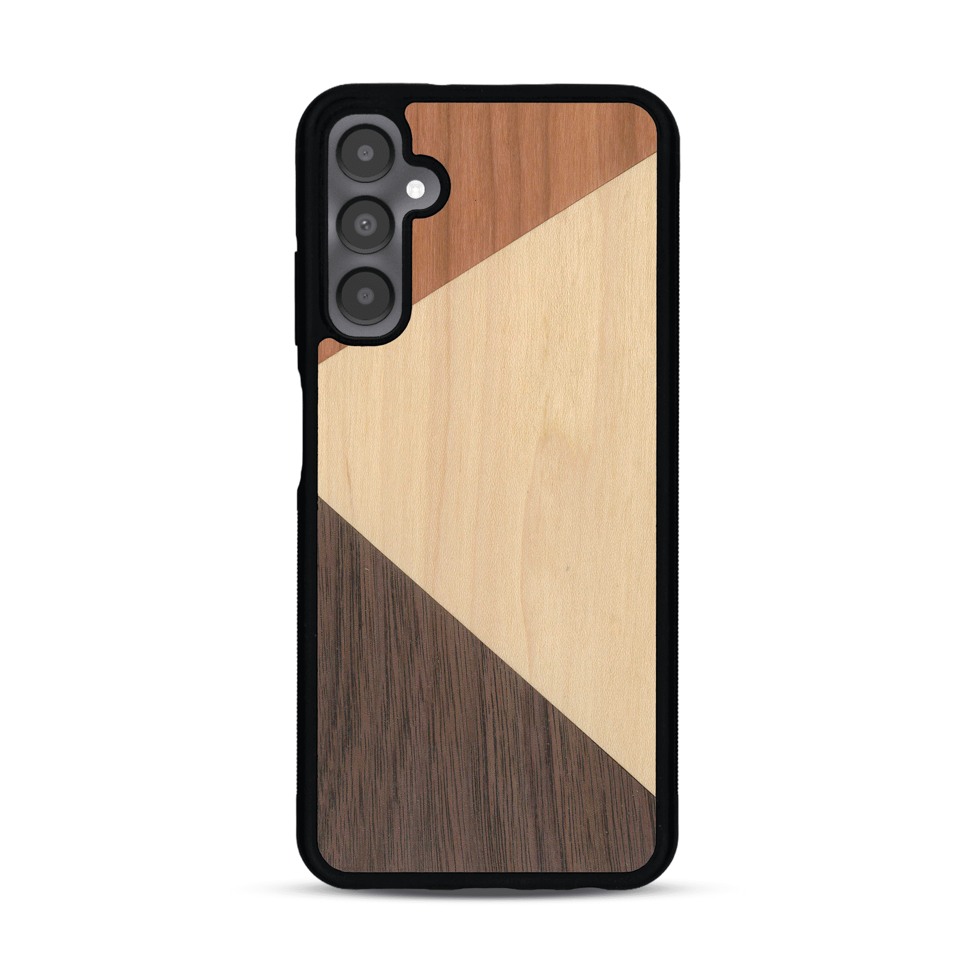 Coque de protection en bois véritable fabriquée en France pour alliant du merisier, du noyer et du bambou formant chacun deux triangles et un trapèze avec deux jointures en diagonale sur le thème de l'art abstrait