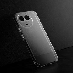 Crystal clear anti-yellow hard back case for Realme 11x 5G placed on surface showing slim profile and precise camera cutouts