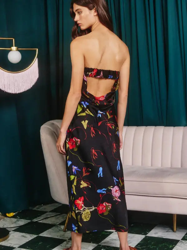 Open Back Floral Silky Strapless Midi Dress by Bucketlist