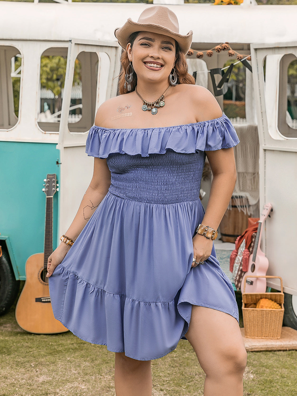 Plus Size Ruffled Smocked Off-Shoulder Mini Dress - Charming Charlie
