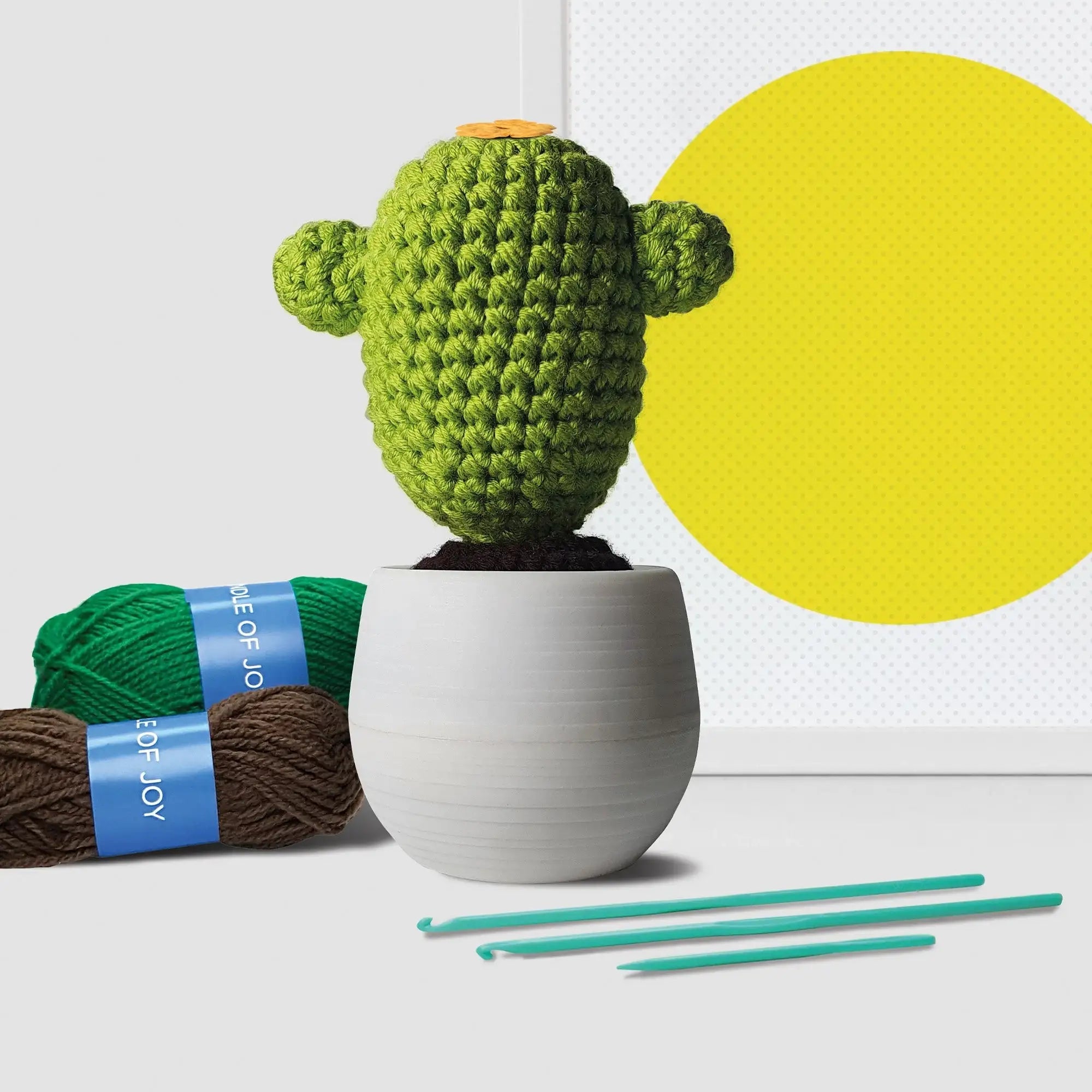 Cactus crochet kit with yarn, crochet hooks, and finished cactus in a white pot on a desk