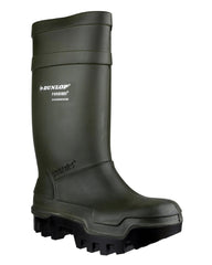 Green coloured Dunlop Purofort Thermo+ Full Safety Wellington on white background #colour_green