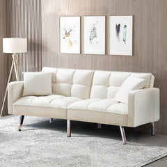 Beige Velvet Sleeper couch with two pillows