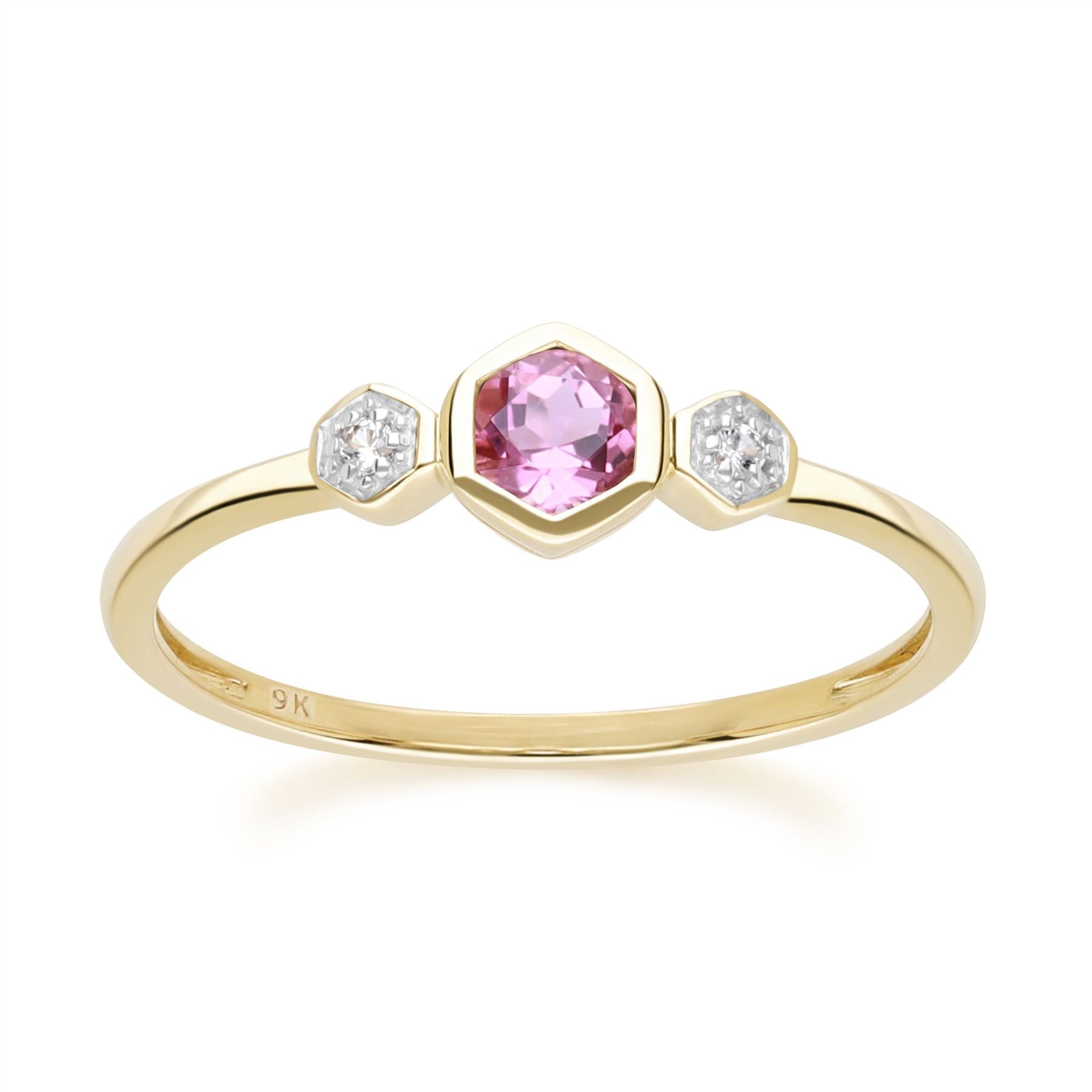 Bague Geometric Hex en Or Jaune 9ct avec Tourmaline Rose et Saphir Ronds
