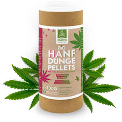 Emisto BIO Hanf Dünger Pellets in brauner Verpackung mit grünen Hanfblättern, 500g, für Cannabispflanzen.