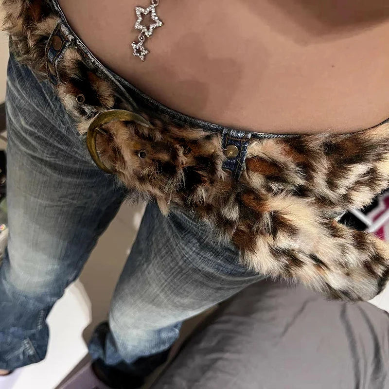 Aiertu - Faux Fur Leopard Print Belts Vintage Stylish Chic Buckled Waist Belt 2000s Waistband Fashion Y2K Accessories Women Aiertu