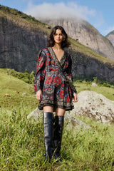 FARM Rio model wearing the Black Valentina Wrap Lenzing� Ecovero� Viscose Mini Dress
