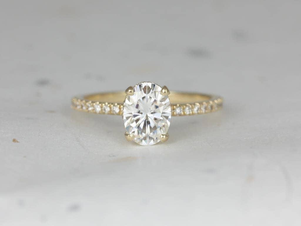 14kt white gold oval moissanite engagement ring with hidden halo and 4-prong setting by rosados box fine jewelry