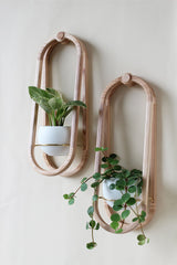 modern obround wall mounted wood planter with white colored aluminum pots and houseplants