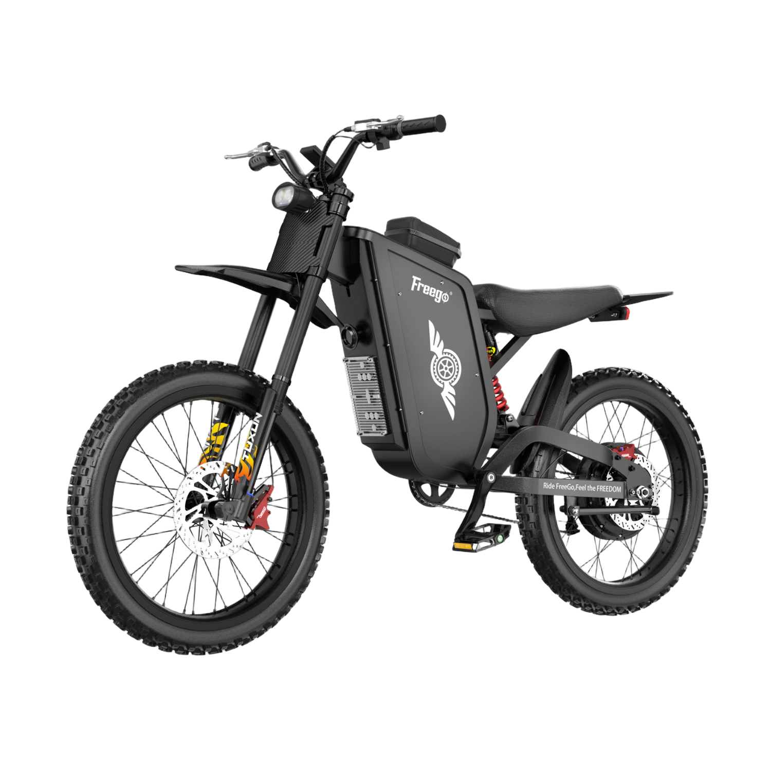 Freego X3 high power electric dirt bike, left front side view, full suspension off-road ebike with thick knobby tires and hydraulic disc brakes