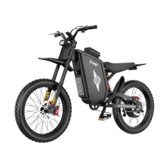 Freego X3 high power electric dirt bike, left front side view, full suspension off-road ebike with thick knobby tires and hydraulic disc brakes