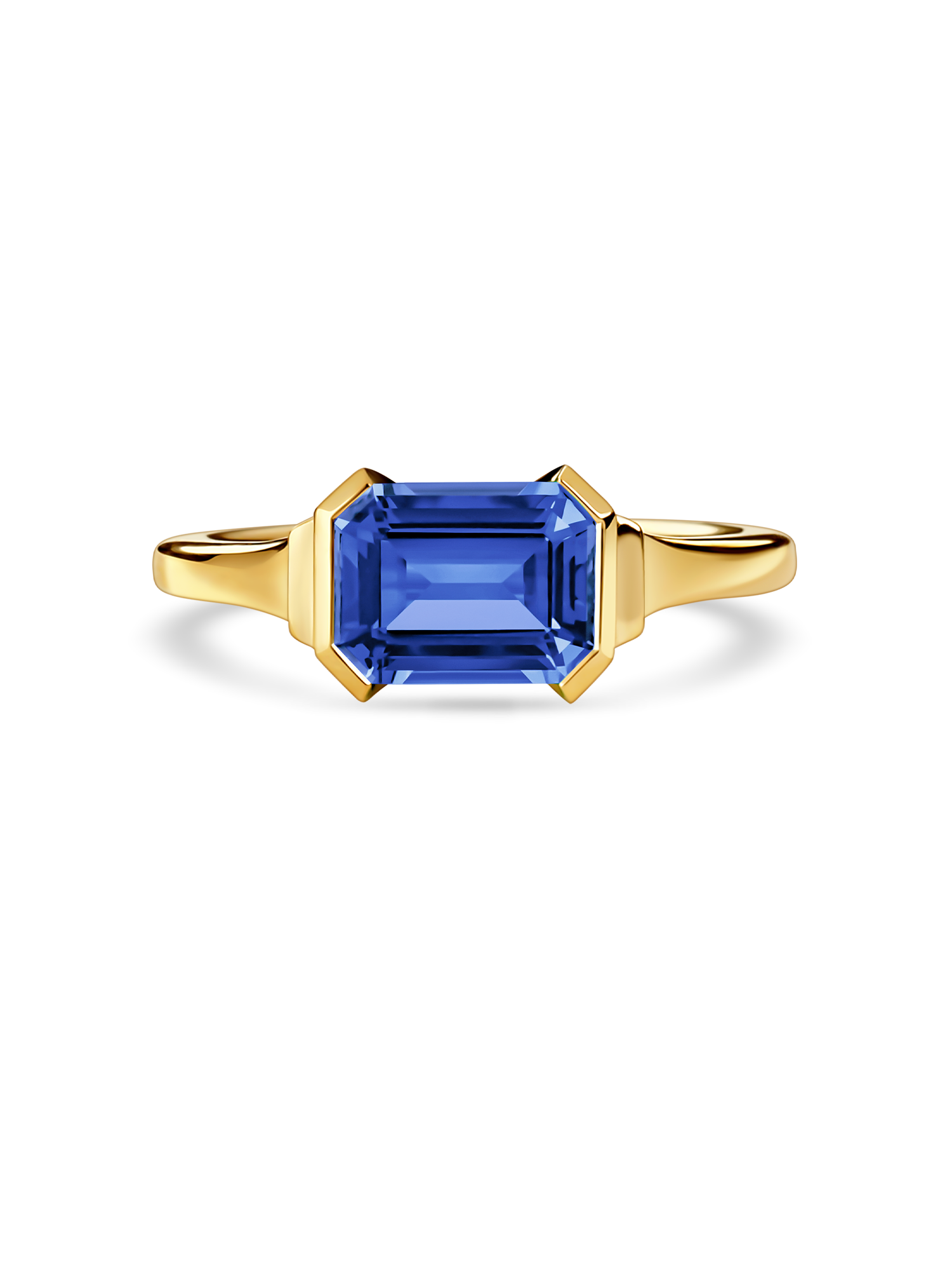 east west lab grown sapphire engagement ring in 18k yellow gold front view. made with recycled precious metals and lab grown gemstones