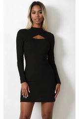 Black Mock Neck Keyhole Cutout Bodycon Mini Dress | Long Sleeve Ribbed