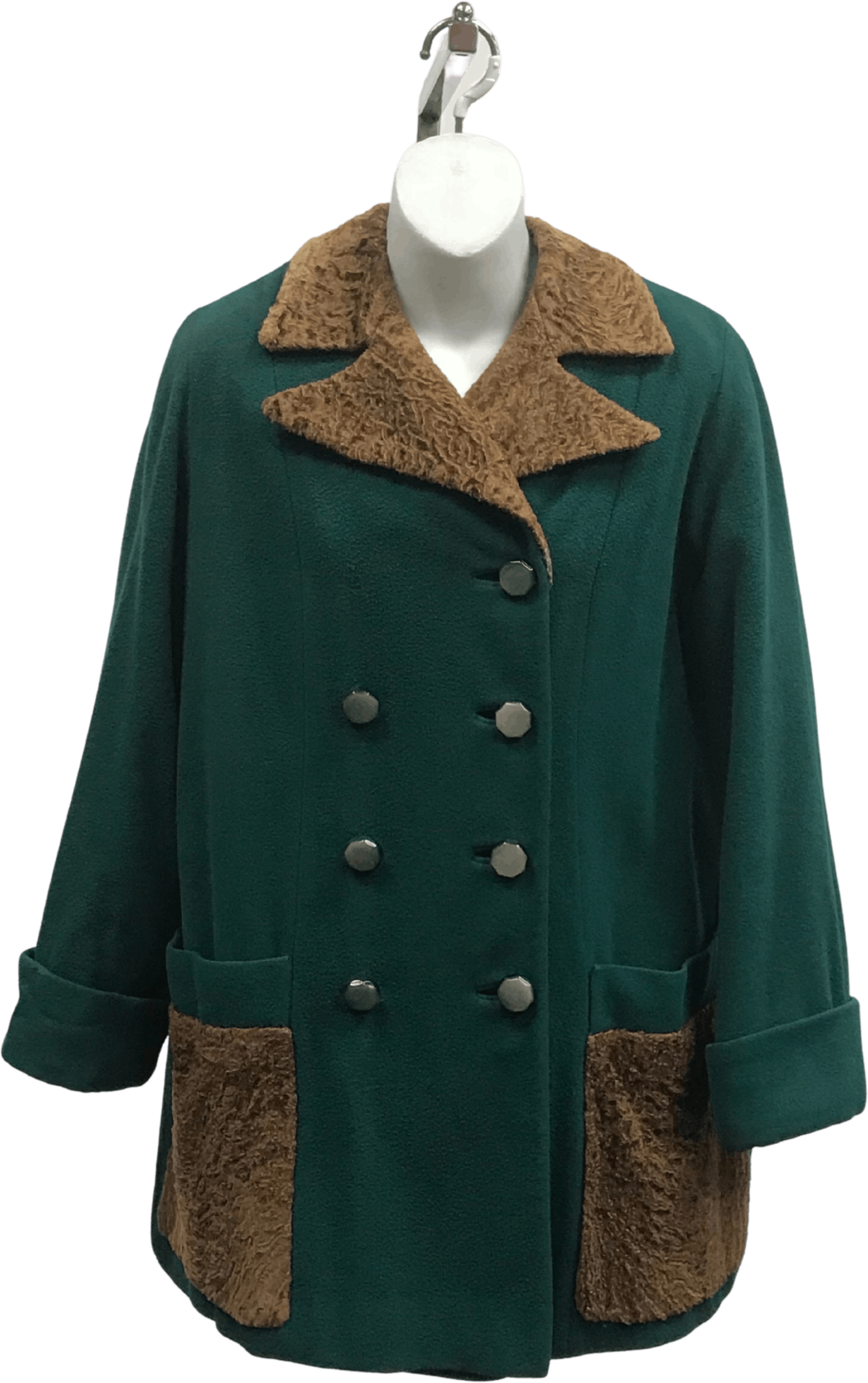 Green Button Up Fur Trim Coat with Pockets by Rothmoor