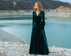 Velvet Wrap Dress in Emerald Green: With Long Sleeves Floor Length Maxi Gown, for Holiday Parties, Fall Winter Weddings, Special Occasions