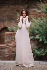 Beige Winter Knit Dress, Turtleneck Sweater Dress, Knit Sweater Dress for Women, Winter Maxi Dress, Warm Winter Dress,plus Size Winter Dress