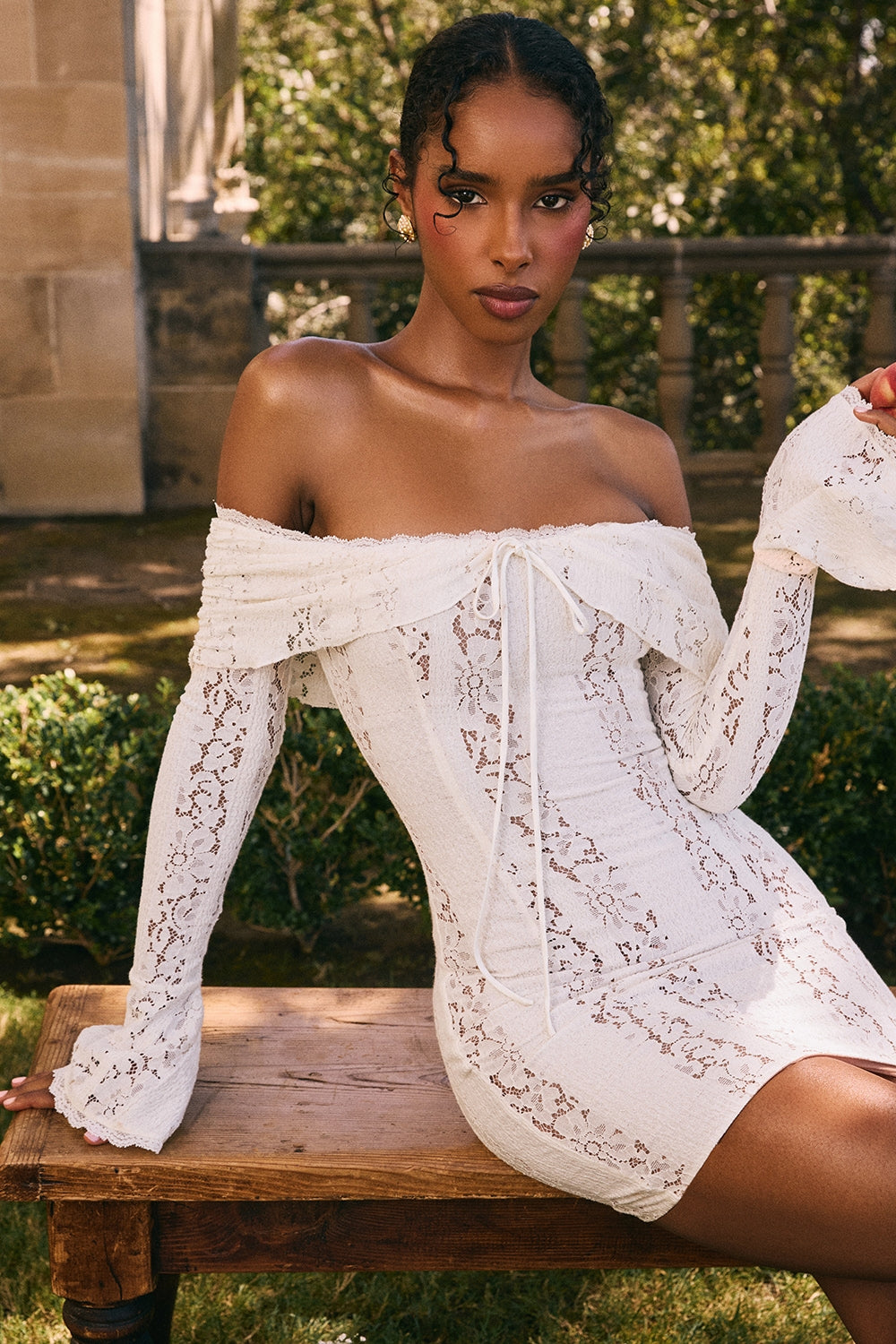 'Sadie' Vintage Cream Floral Lace Off Shoulder Mini Dress