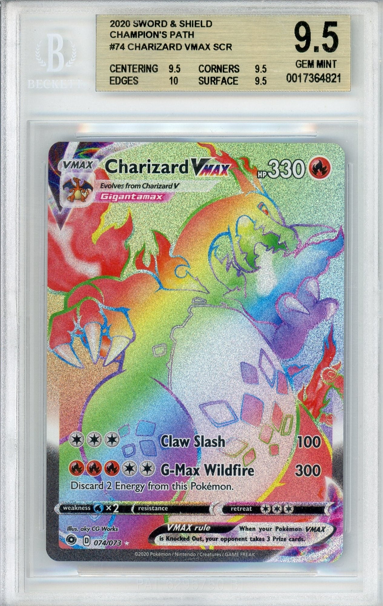 Pokemon Graded: Charizard VMAX 74/73 Champion's Path (2020) Rainbow Holo Beckett 9.5