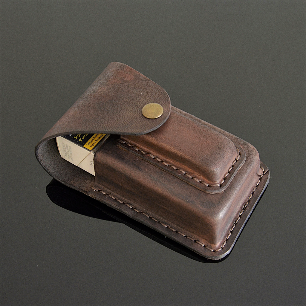 Custom handmade brown leather cigarette case with BIC lighter holder – front view