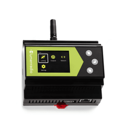 LumenRadio Galileo MAX wireless DMX transmitter angle view showing LCD display with Linking Outputs Network Settings menu icons navigation buttons antenna DIN-rail mounting black unit white background