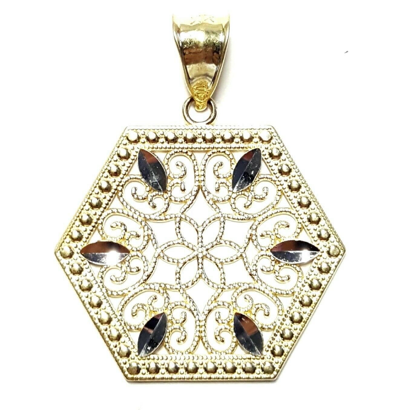10k two tone gold hexagon filigree pendant charm fine gift jewelry for her 2.5g