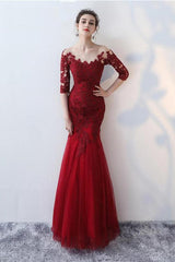 Mermaid Scoop Half Sleeve Lace Long Prom Dresses Evening Gowns PSK068 - Pgmdress
