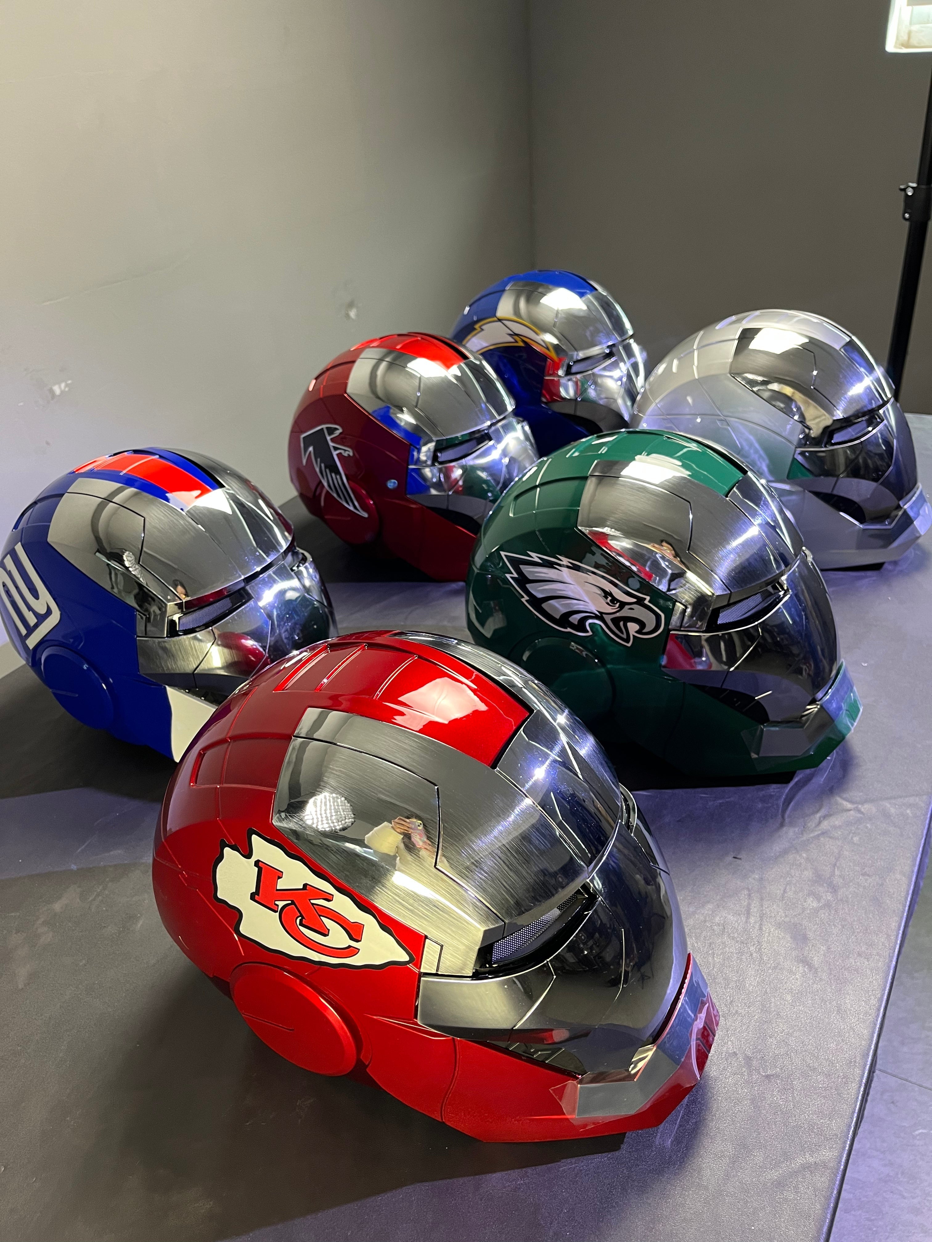 nfl themed iron man helmet with nfl team logo and color scheme