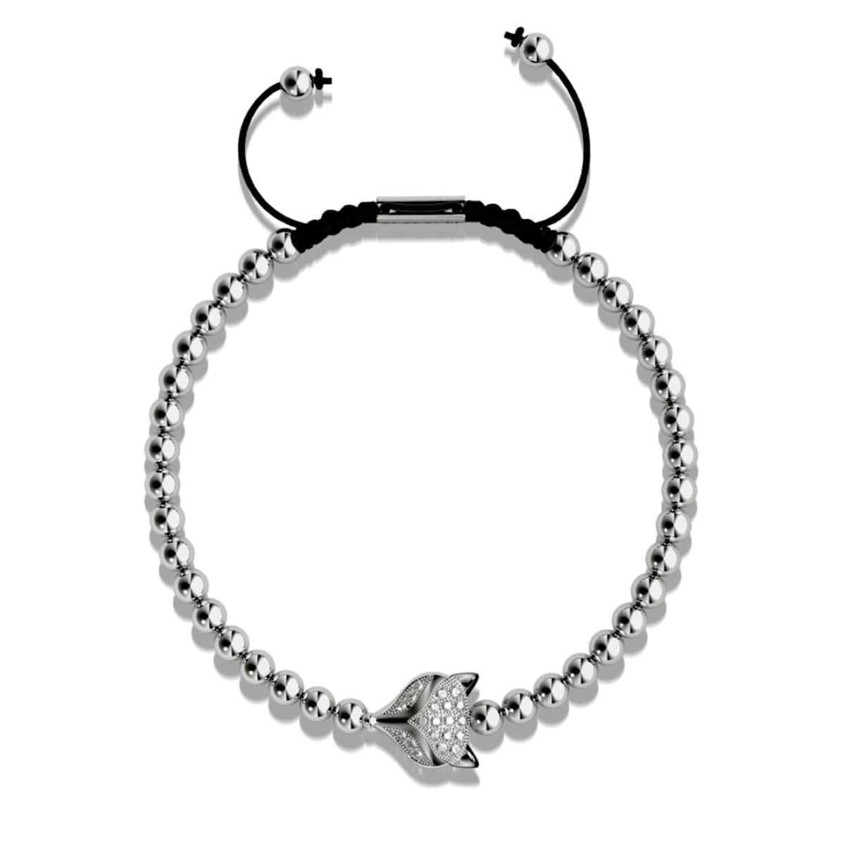 Crystal Fox silver bracelet with black macrame cord and detailed fox charm featuring Austrian crystals by NOGU