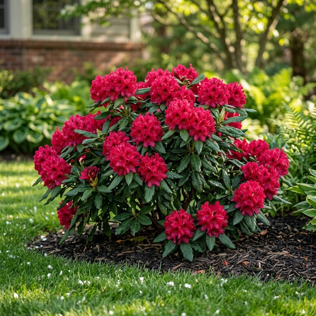 Nova Zembla Rhododendron shrub covered in deep red flower clusters growing in a mulched garden bed.