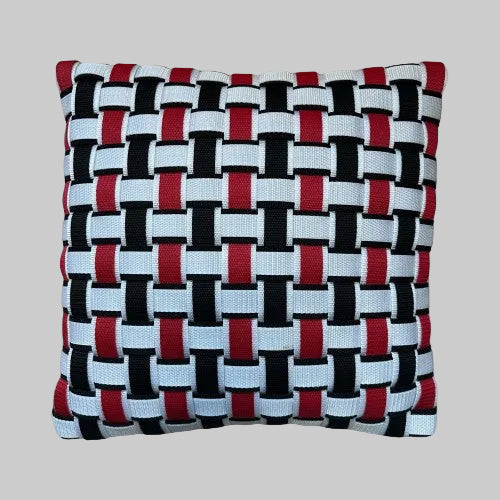 WOOVE Handgewebtes Designer-Kissen - Grid Ästhetik in Weiß, Schwarz & Rot l Kissenbezug - WOOVE
