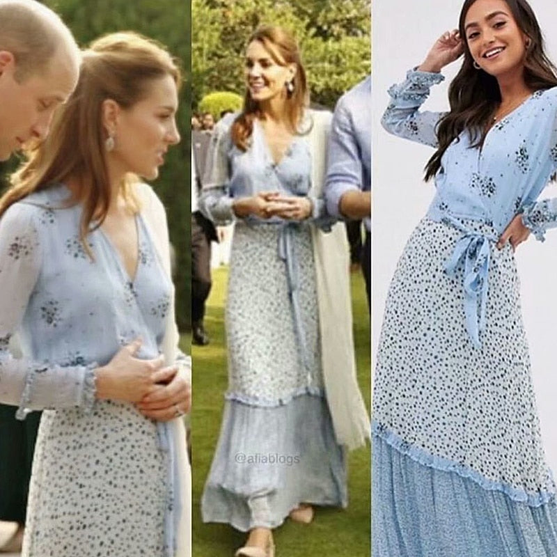 Kate Middleton Long Dress High Quality Spring New Women'S Fashion Party Casual Beach Elegant Chic Print Stitching Chiffon Dress
