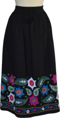 70's Floral Embroidered Black Cotton Midi Skirt by Passports Of Pier 1 Imports