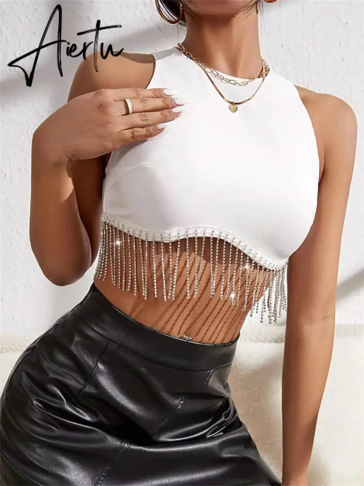 Rhinestone Tasseled Summer Crop Tops Women Chic Sleeveless Crew Neck Tank Tops Club Party Streetwear Sexy Vest Tops Aiertu