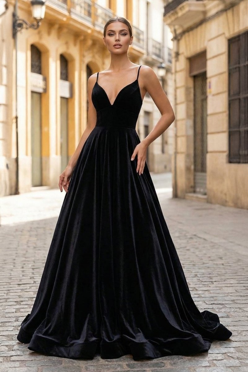 Simple Black Velvet Long Prom Dress, Black Evening Dress - KISSPROM PROM DRESSES