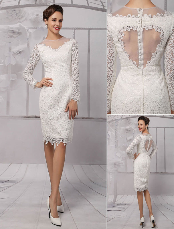 Simple Wedding Dresses Short Long Sleeve Illusion Neckline koyhole Knee length Sheath Bridal Dress