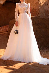 A line Muslim High Neck Lace Long Sleeves Vintage Wedding Dress QW0934