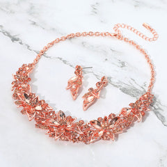 Peach, Rose Gold Stone Embellished Flower Collar Evening Necklace