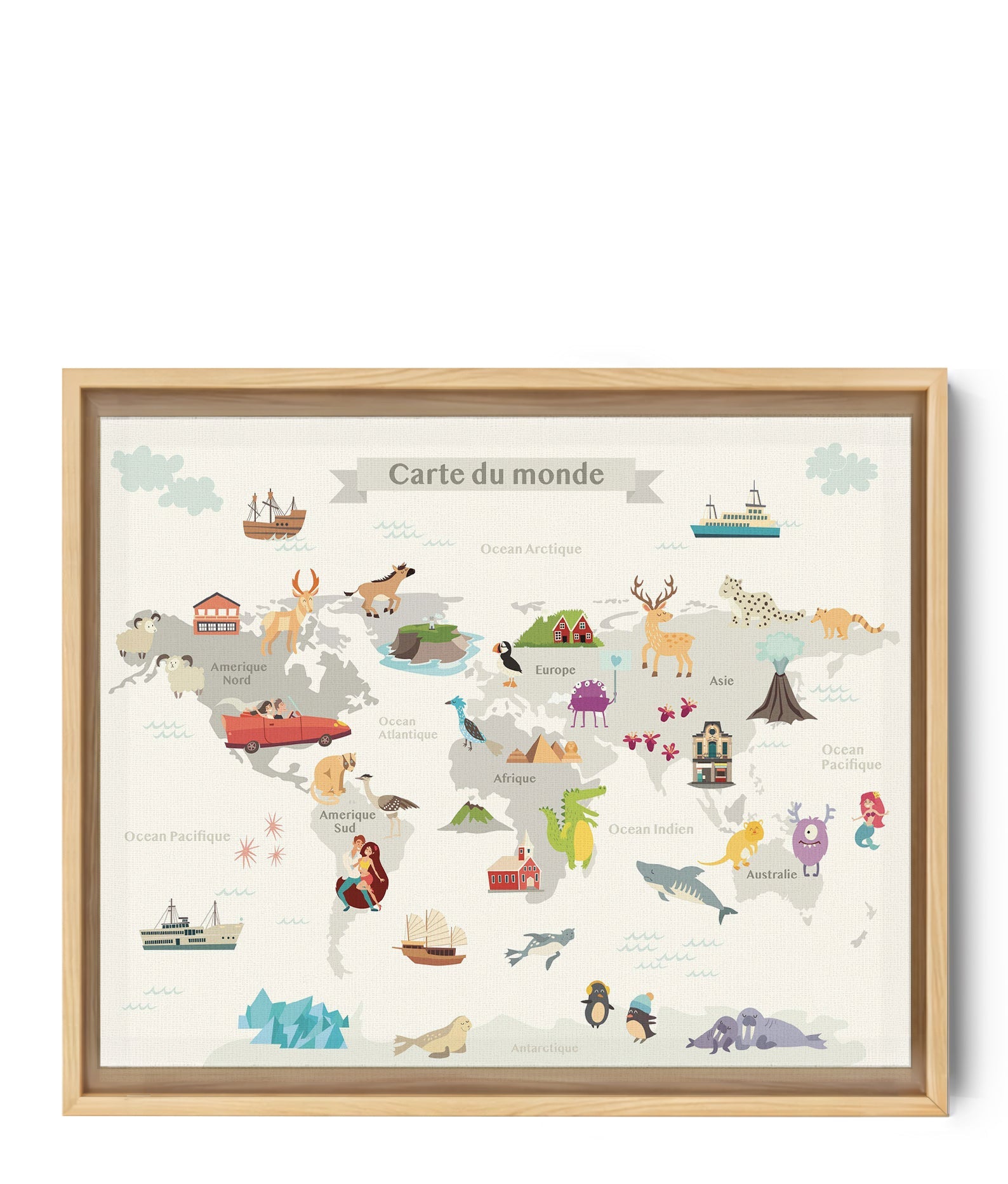 Tableau carte du monde illustrée animaux pour chambre enfant