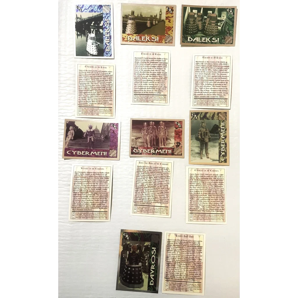 Rare Vintage Limited Doctor Who Foil Trading Cards with vintage postage stamps and descriptions