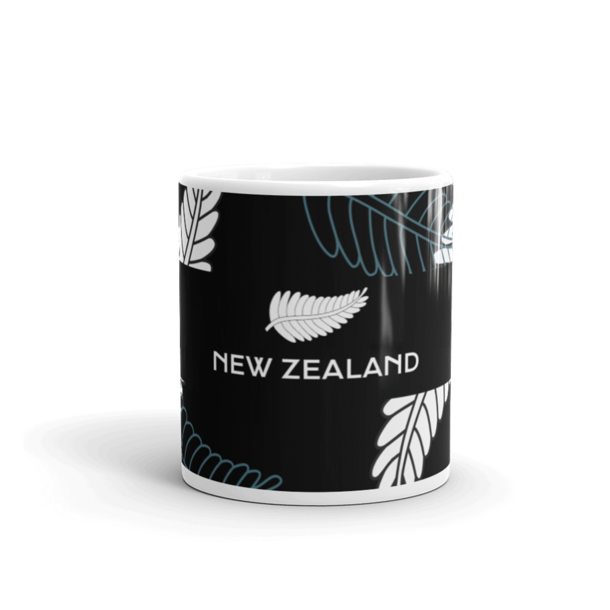 A Vintage New Zealand Mug with black and white design and the words "New Zealand" printed on it.