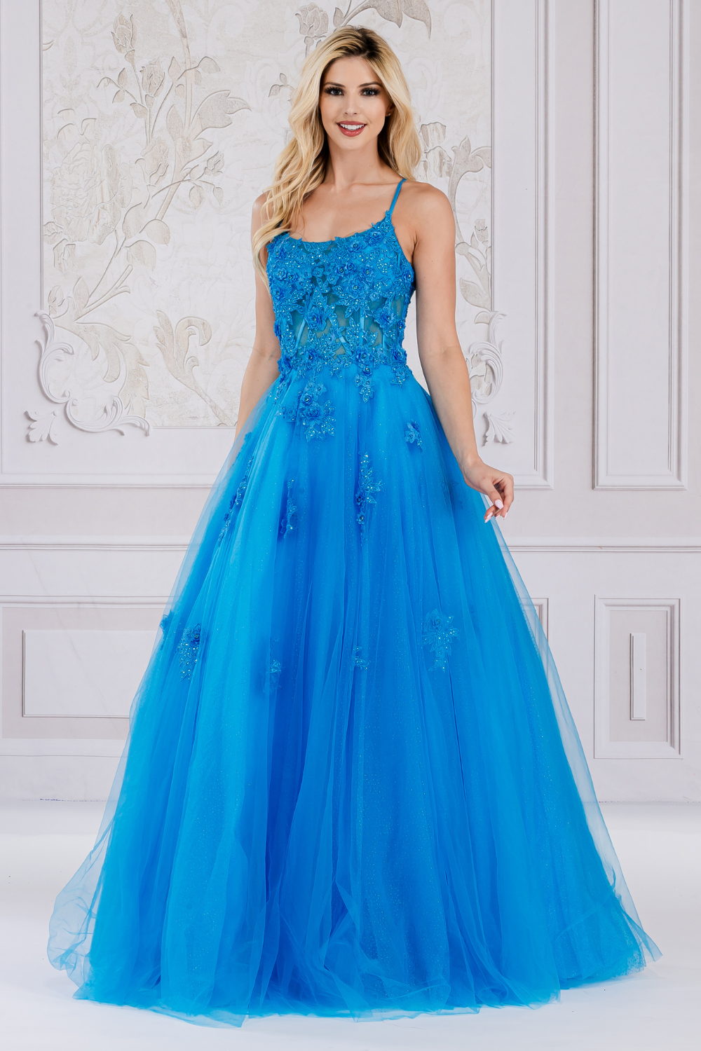 AC 7035 - Beaded Floral Applique A-Line Prom Gown With Sheer Boned Bodice & Lace Up Corset Back PROM GOWN Amelia Couture 2 TURQUOISE