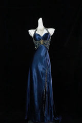 Navy Blue Halter Beaded Prom Dress Long Evening Dress      cg25264